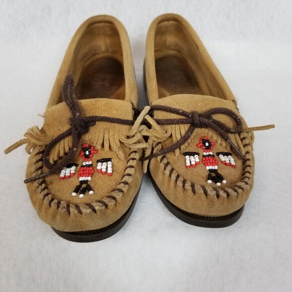 MINNETONKA MOCCASINS Beaded Suede Leather Thunderbird SlipOn Tan Size 7.5 ~ 4127 - Picture 3 of 9